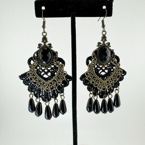 Vintage Black Lace Chandelier Earrings Handmade Dangle Drop Dark Whimsy Goth